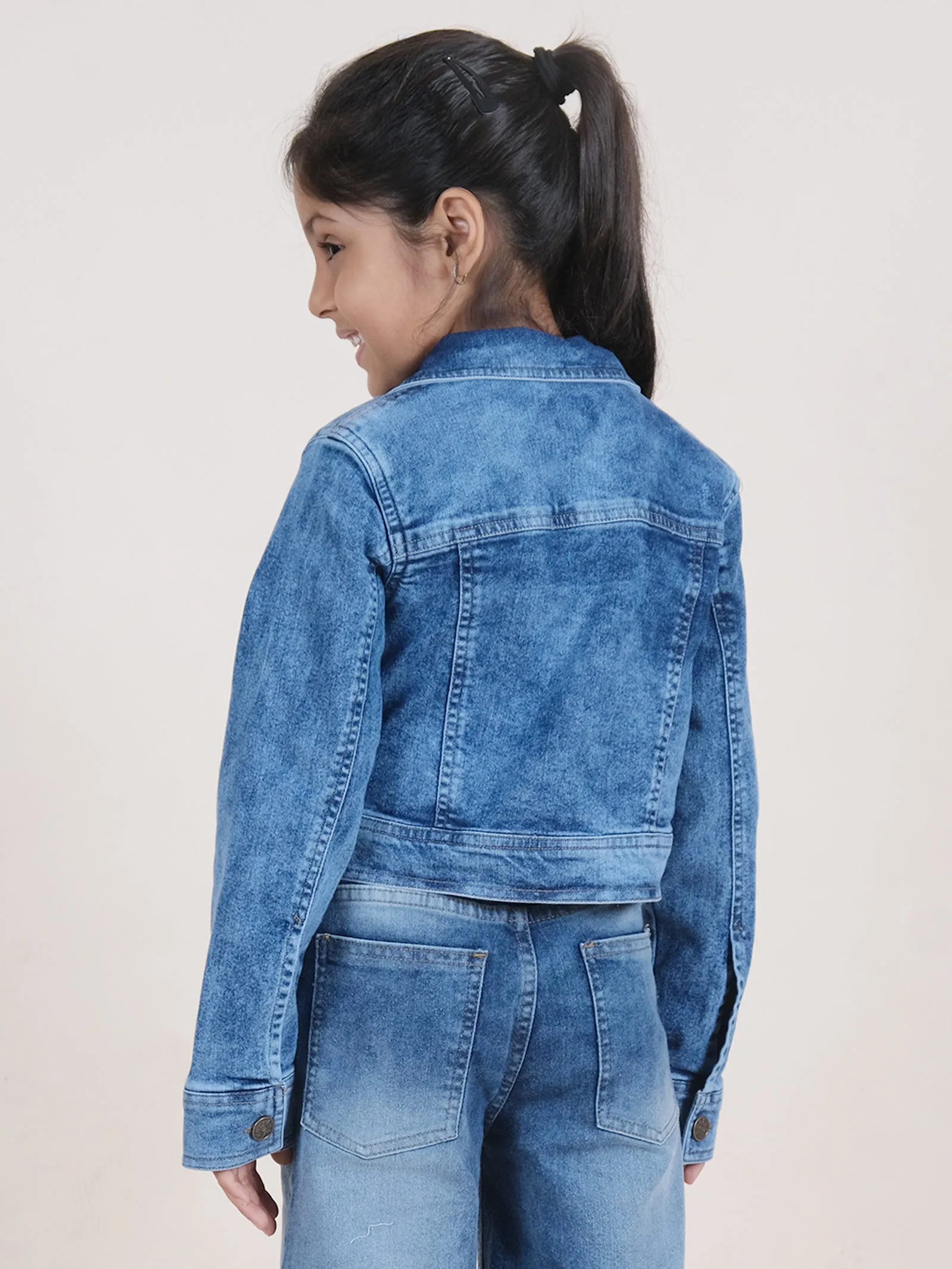 Girls Full Sleeve Solid Crop Denim Jacket