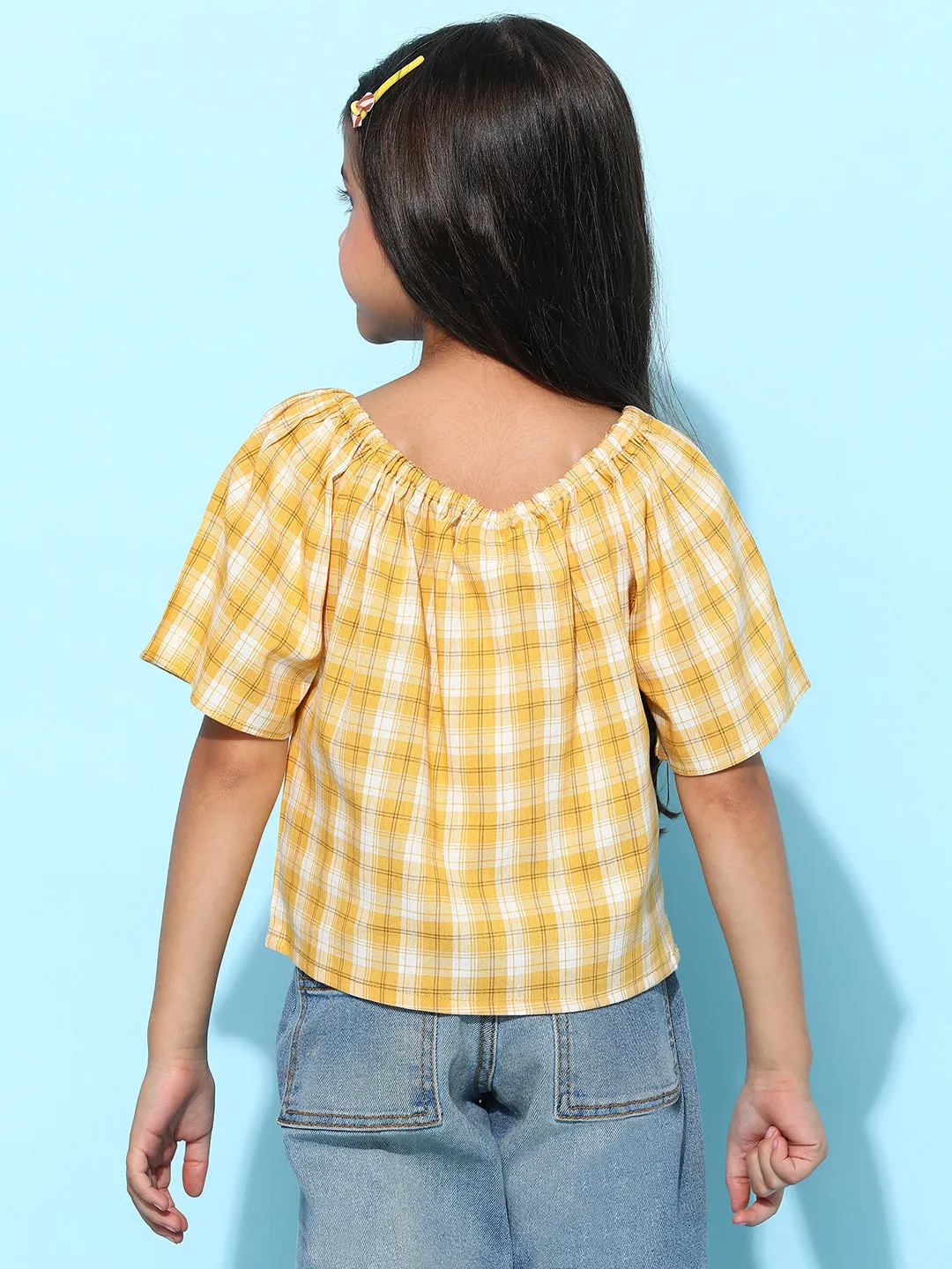 Girls Yellow Cotton Checked Regular Fit Top