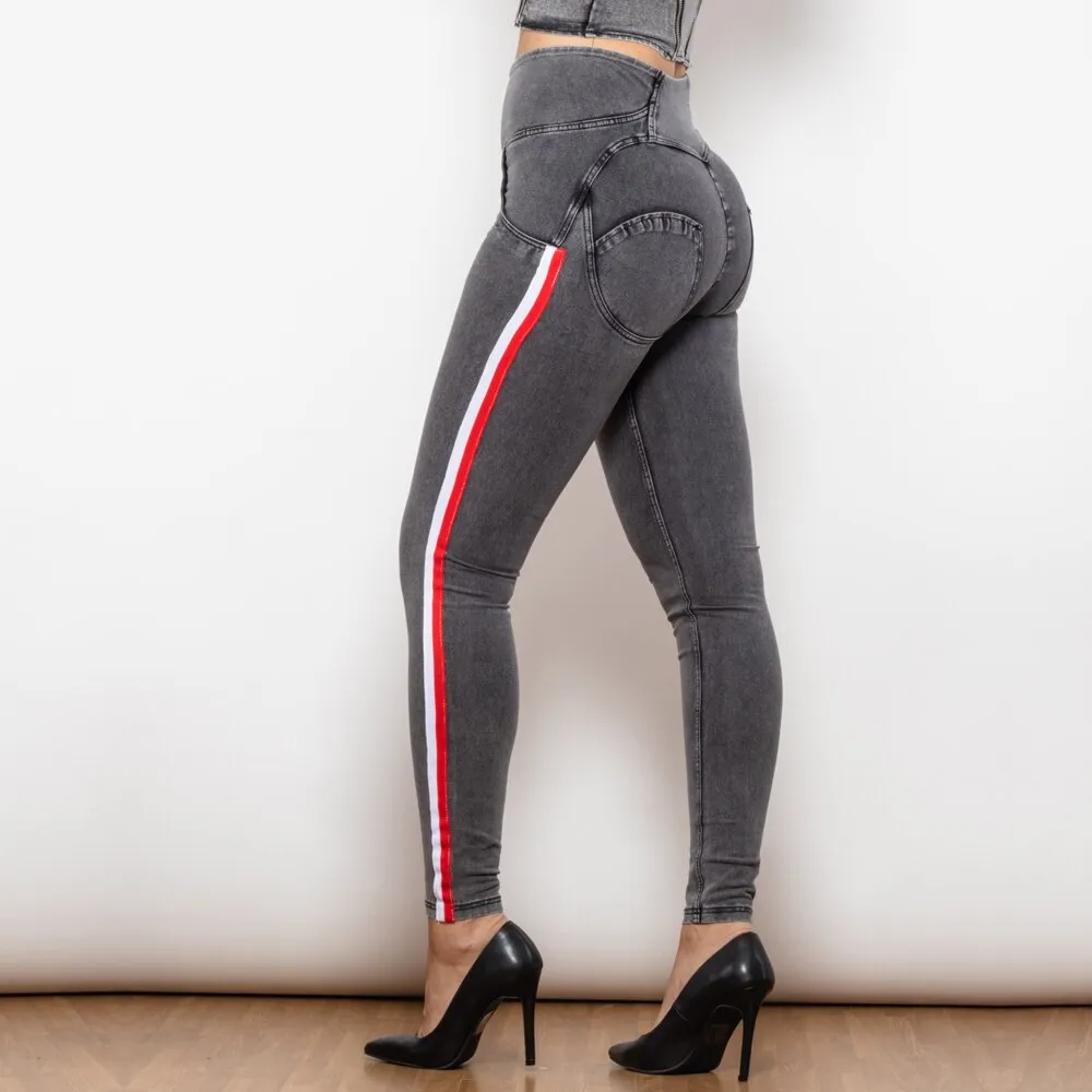 High Waist Dark Thread Grey Jeans with Stripe