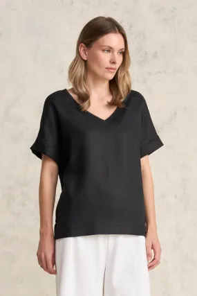 Linen Mix V-Neck Top - Black