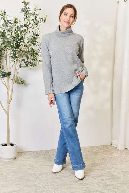 Meet Me By The Fire Turtleneck Long Sleeve Slit Sweater