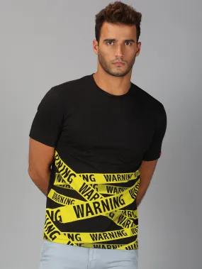 Men Black Yellow Trendy Typographic Striped Printed Round Neck Organic Pure Cotton Half Sleeve Regular Fit Casual T Shirt