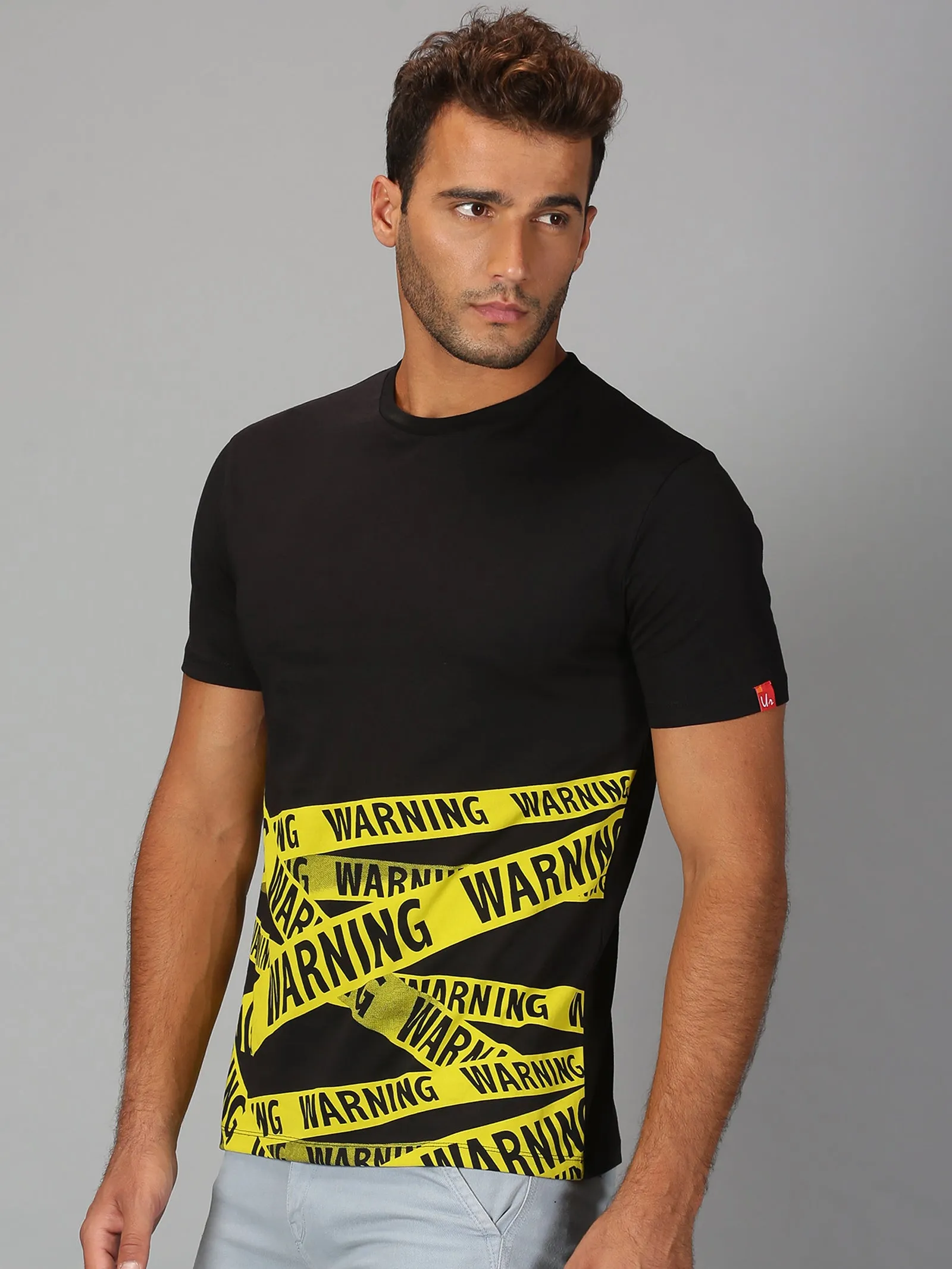 Men Black Yellow Trendy Typographic Striped Printed Round Neck Organic Pure Cotton Half Sleeve Regular Fit Casual T Shirt