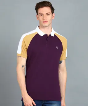 Men's Purple, White, Khaki Colour-Block Slim Fit Half Sleeve Cotton Polo T-Shirt