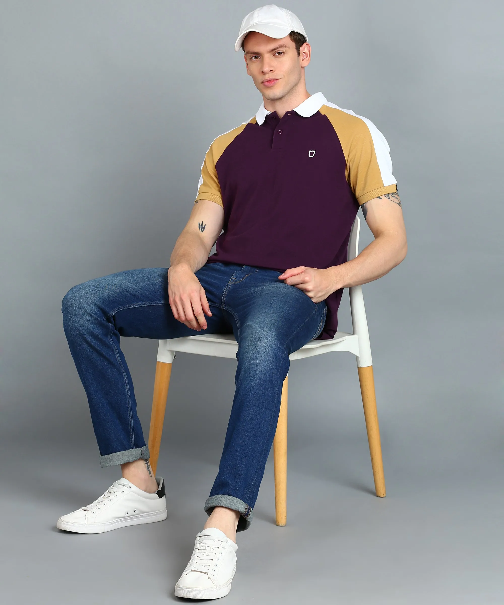 Men's Purple, White, Khaki Colour-Block Slim Fit Half Sleeve Cotton Polo T-Shirt