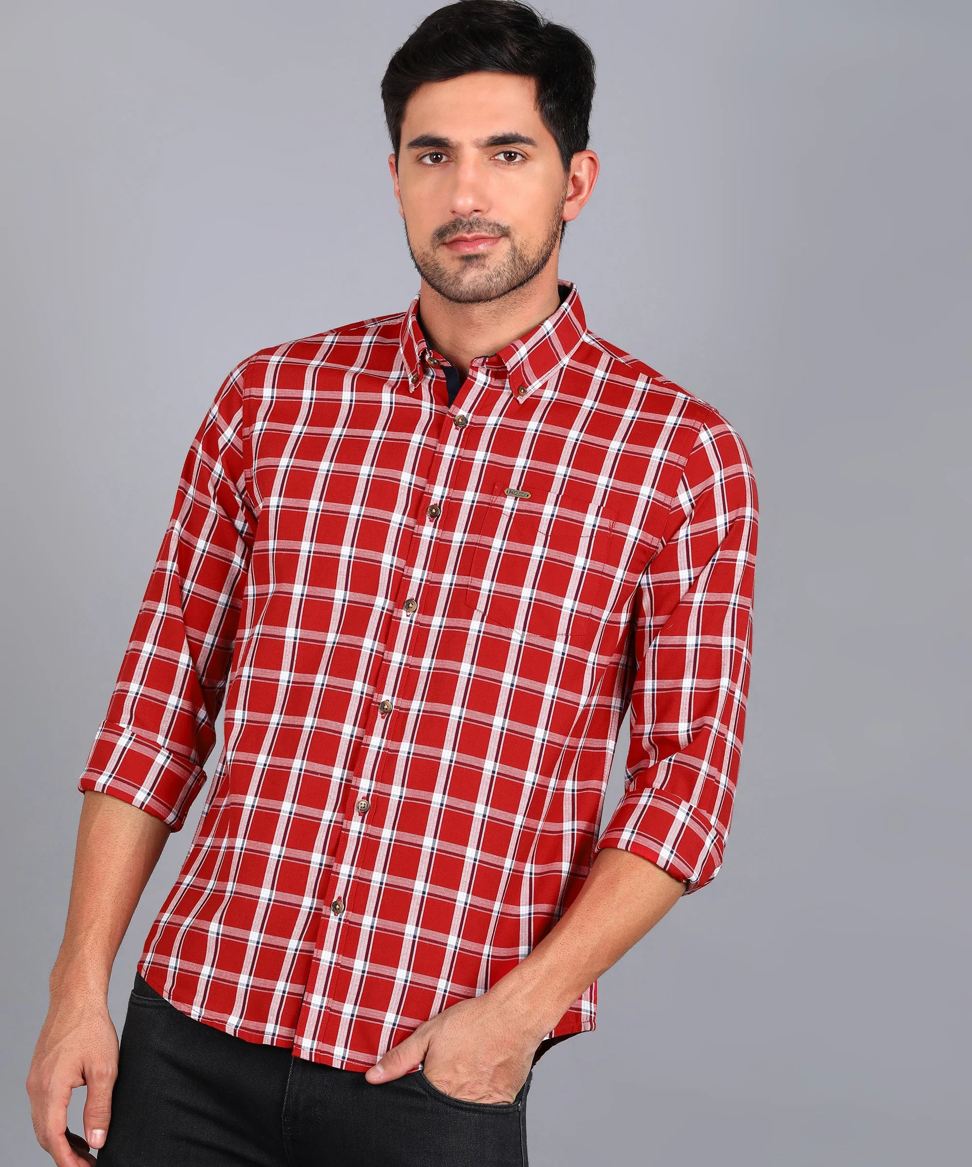 Men's Red Cotton Full Sleeve Slim Fit Casual Checkered Shirt