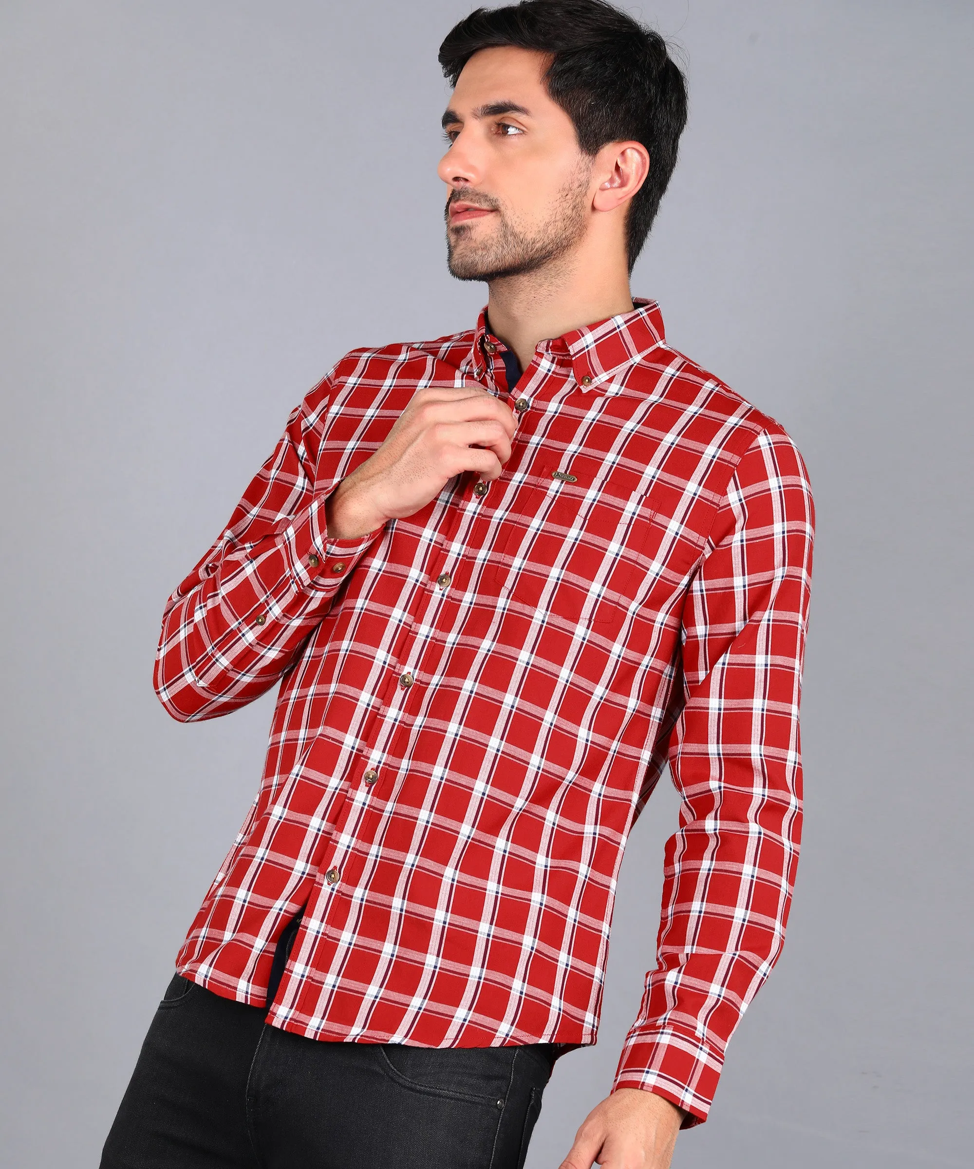 Men's Red Cotton Full Sleeve Slim Fit Casual Checkered Shirt