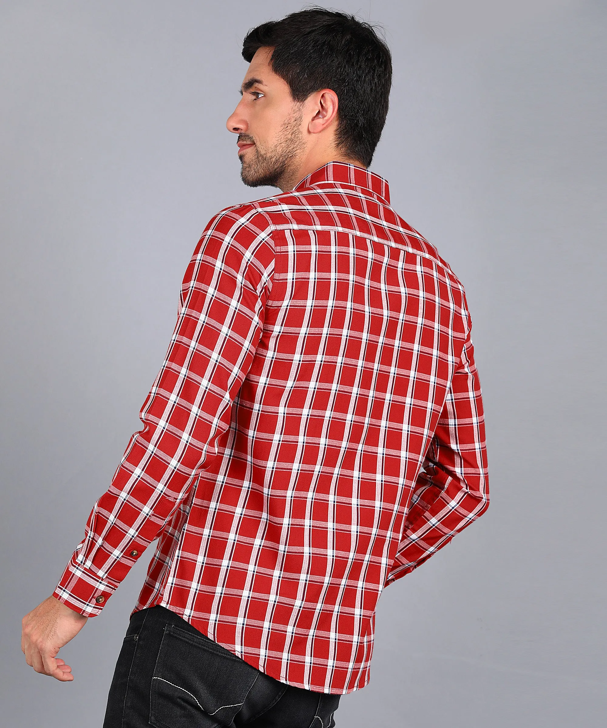 Men's Red Cotton Full Sleeve Slim Fit Casual Checkered Shirt