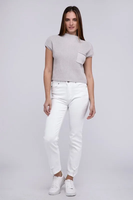 Mock Neck Short Sleeve Cropped Sweater