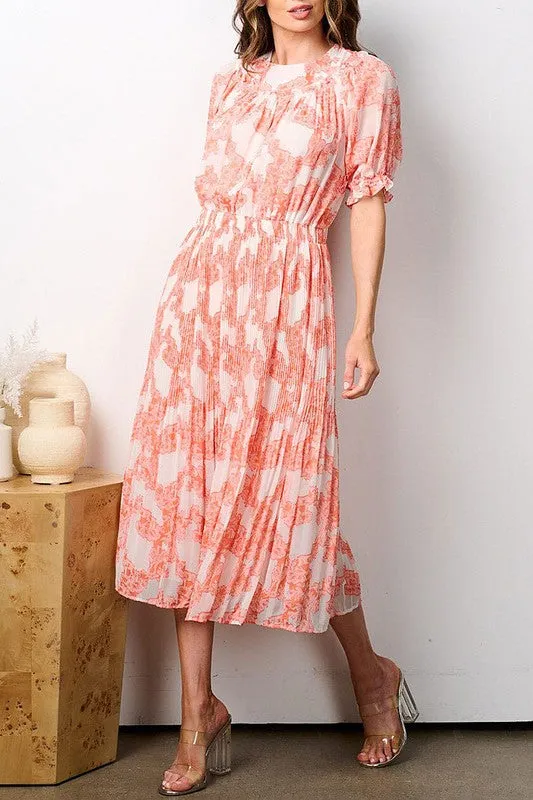 Orange Print Pleated Midi Dress