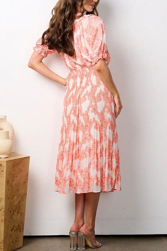 Orange Print Pleated Midi Dress