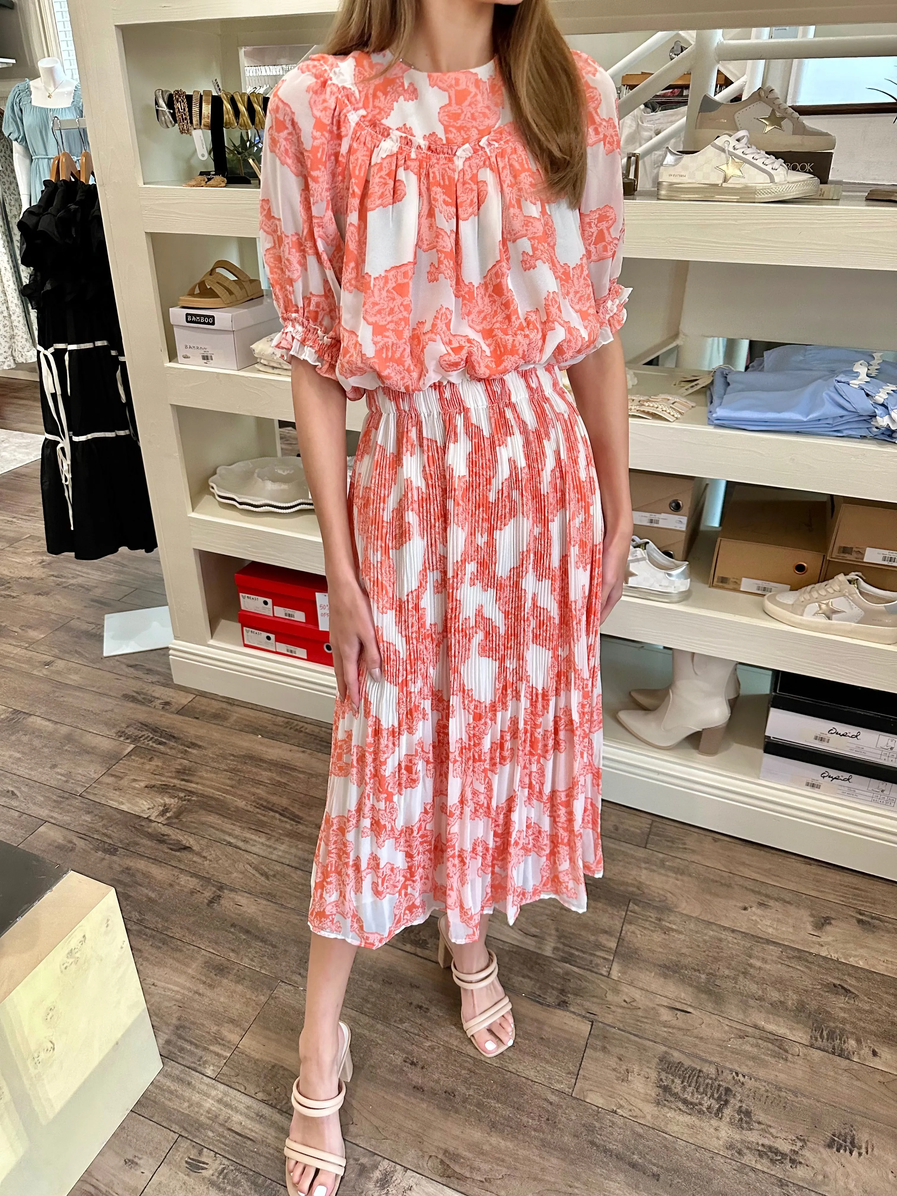 Orange Print Pleated Midi Dress