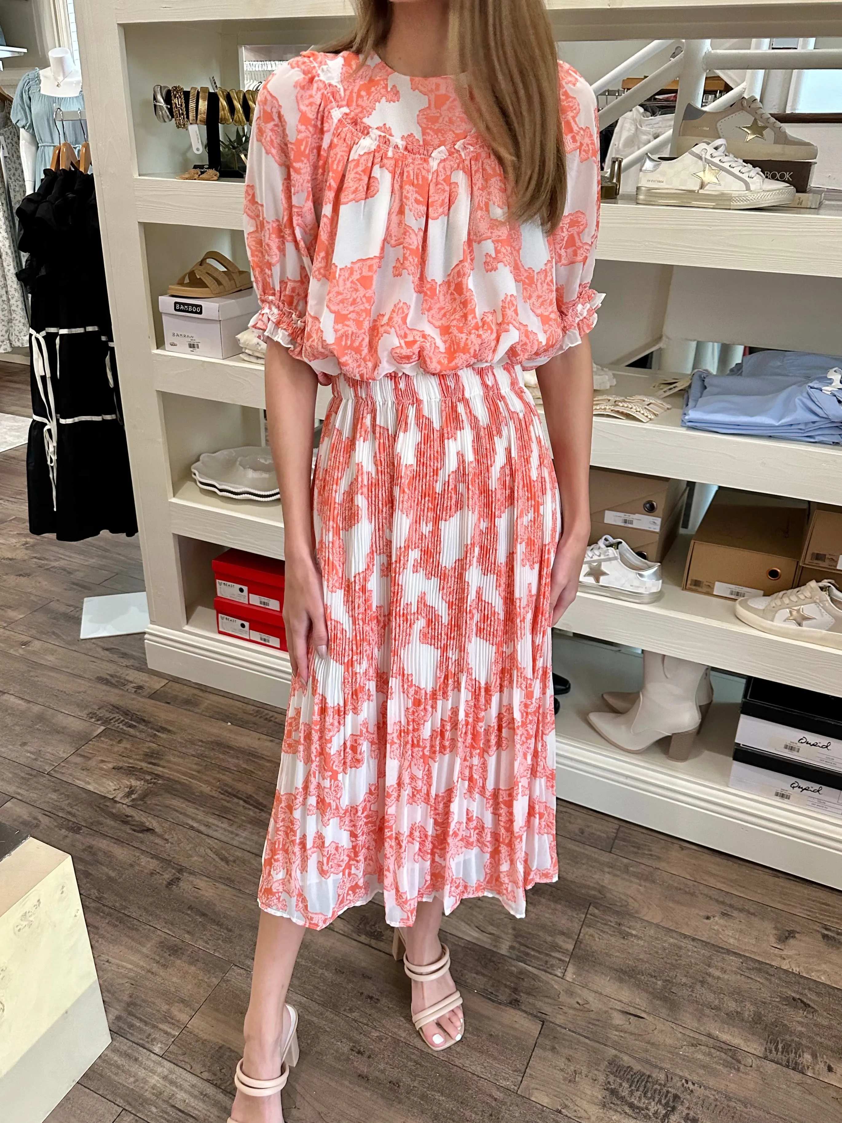 Orange Print Pleated Midi Dress