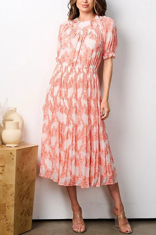 Orange Print Pleated Midi Dress