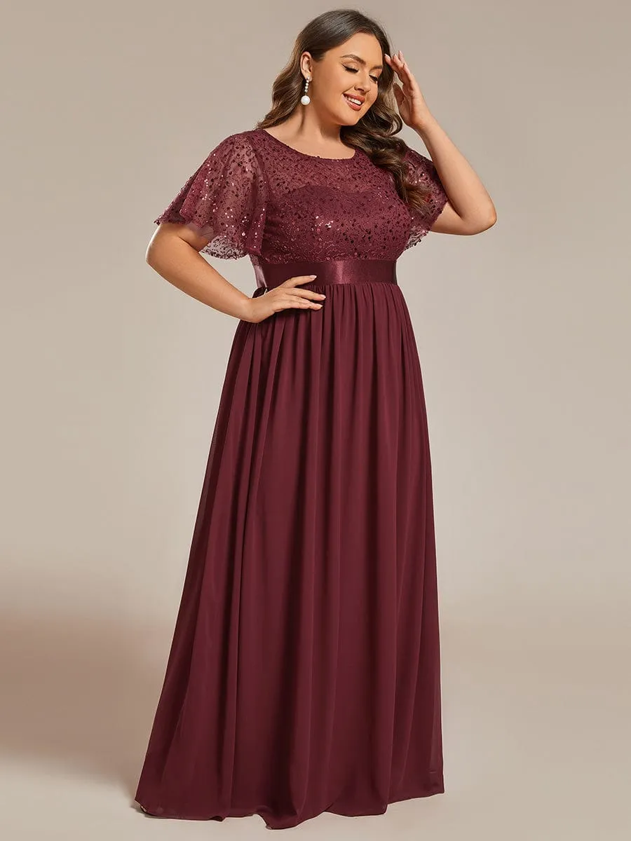 Plus Size Round-Neck Sequin High Waist Short-Sleeved Formal Evening Dress