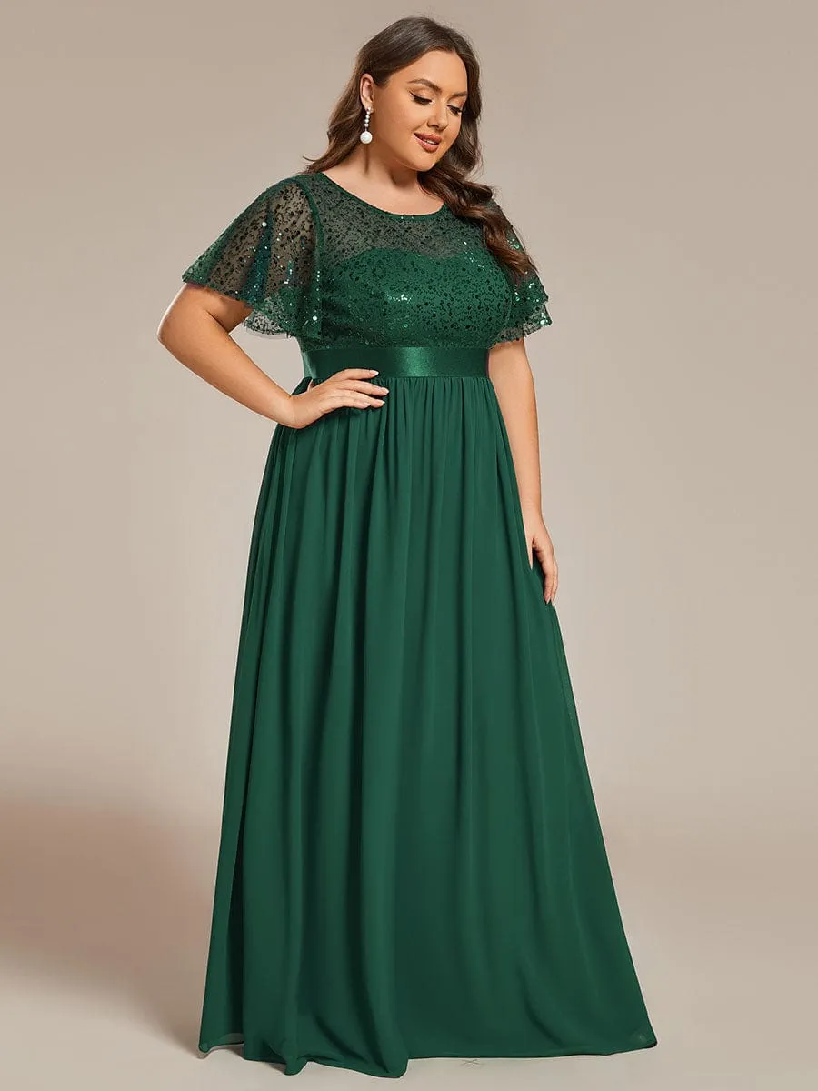 Plus Size Round-Neck Sequin High Waist Short-Sleeved Formal Evening Dress