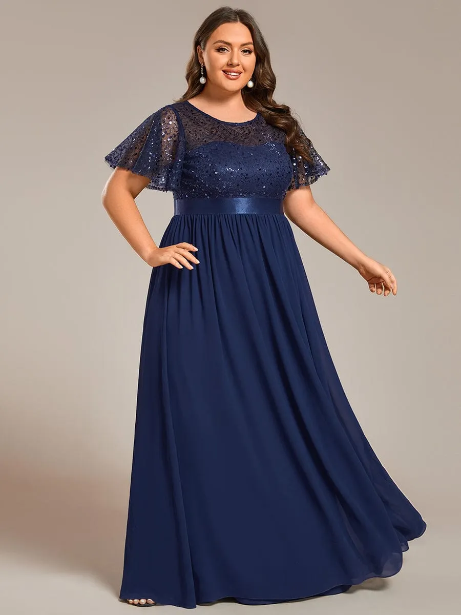 Plus Size Round-Neck Sequin High Waist Short-Sleeved Formal Evening Dress