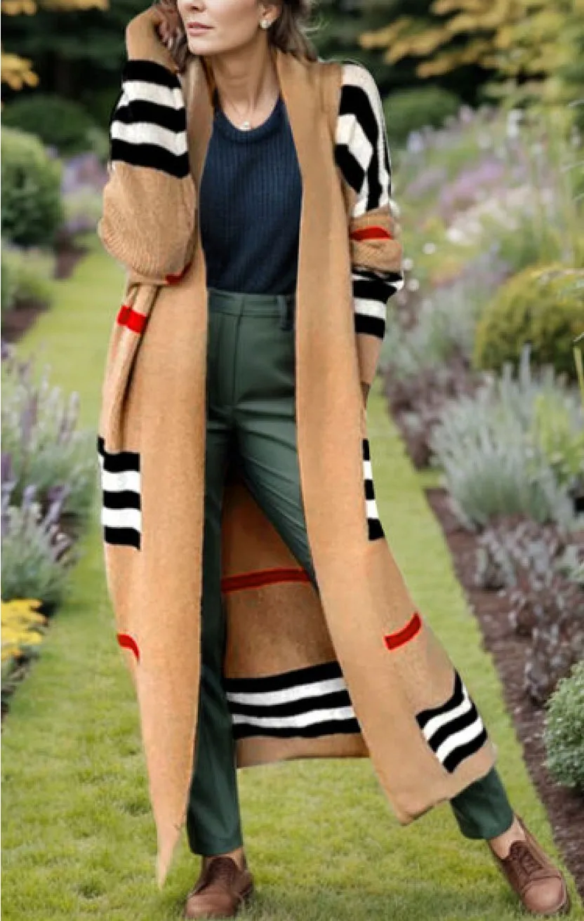 Striped Open Front Long Sleeve Longline Sweater Cardigan