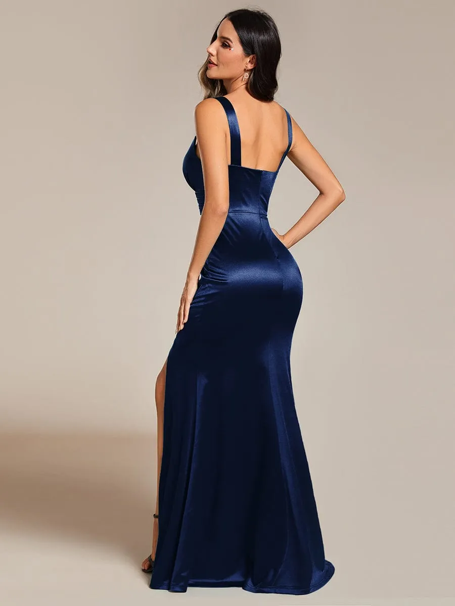 V-Neck Satin Spaghetti Strap High-Slit Fishtail Formal Evening Dress