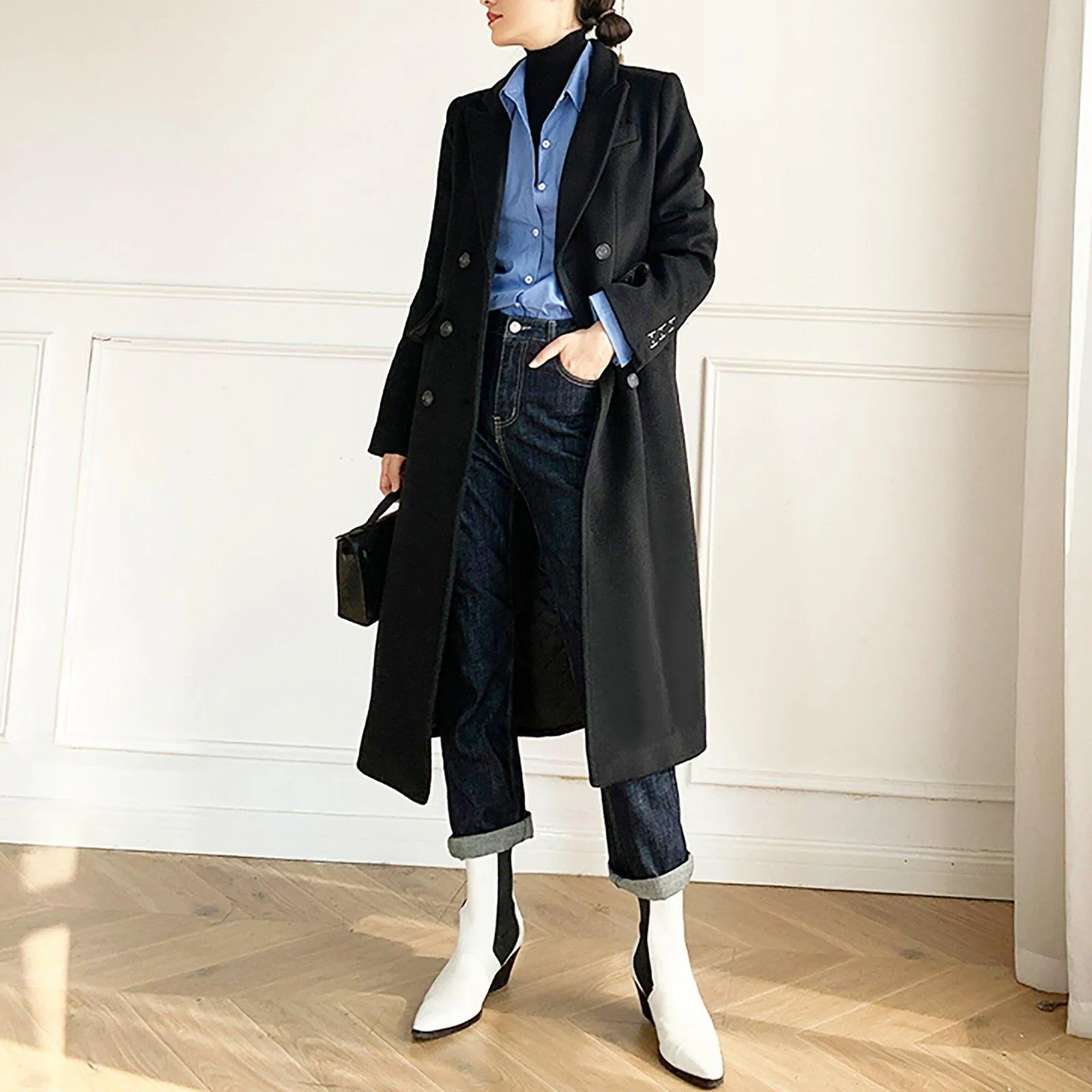 Women Black Wool Long Coat,Double Breasted Coat,Oversize Wool Coat,Black Long Maxi Coat,Winter Coat Women,Thicken Woolen Coat,Women Overcoat