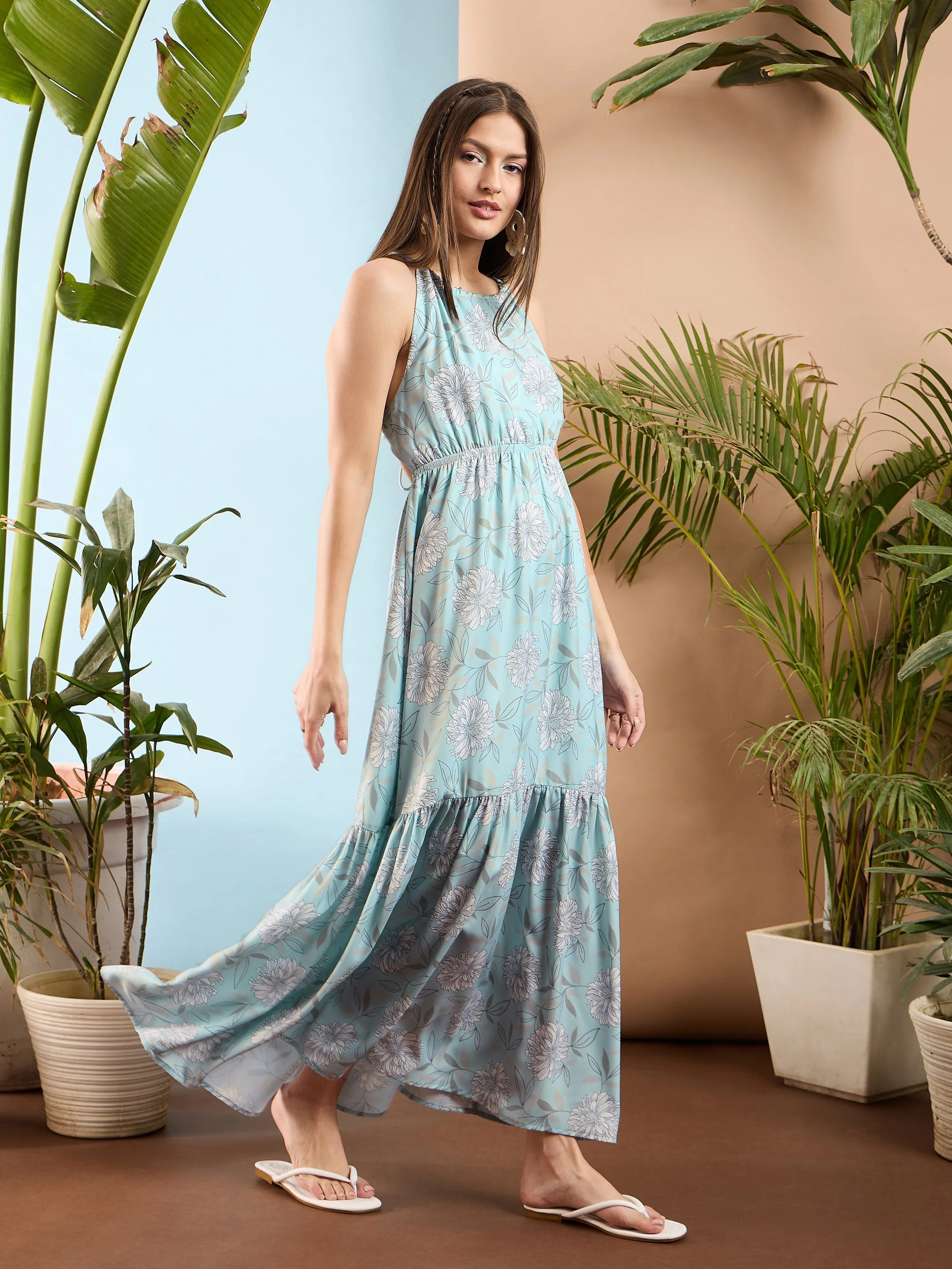 Women Blue Floral Back Less Maxi Dress