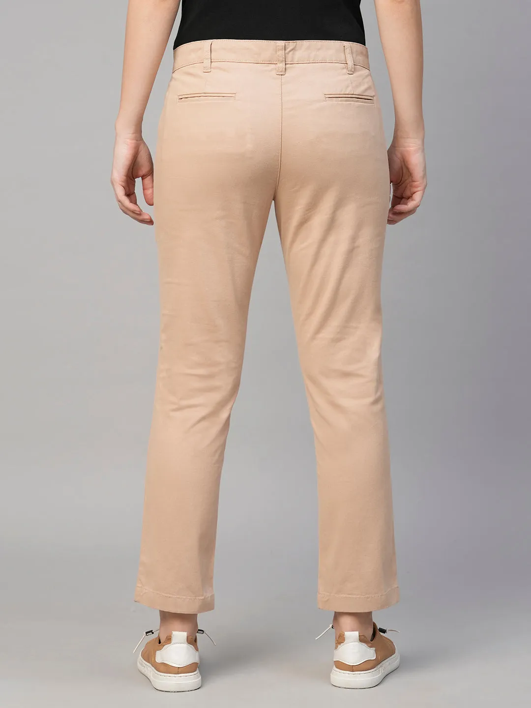 Women's Beige Cotton Lycra Regular Fit Pant