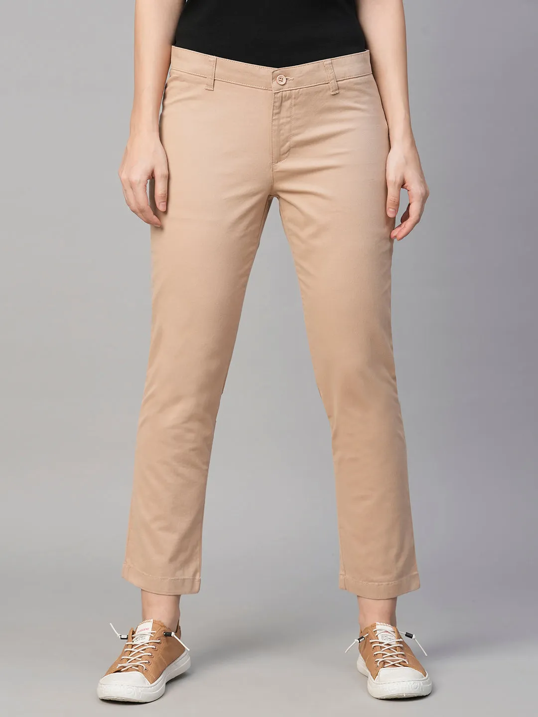 Women's Beige Cotton Lycra Regular Fit Pant