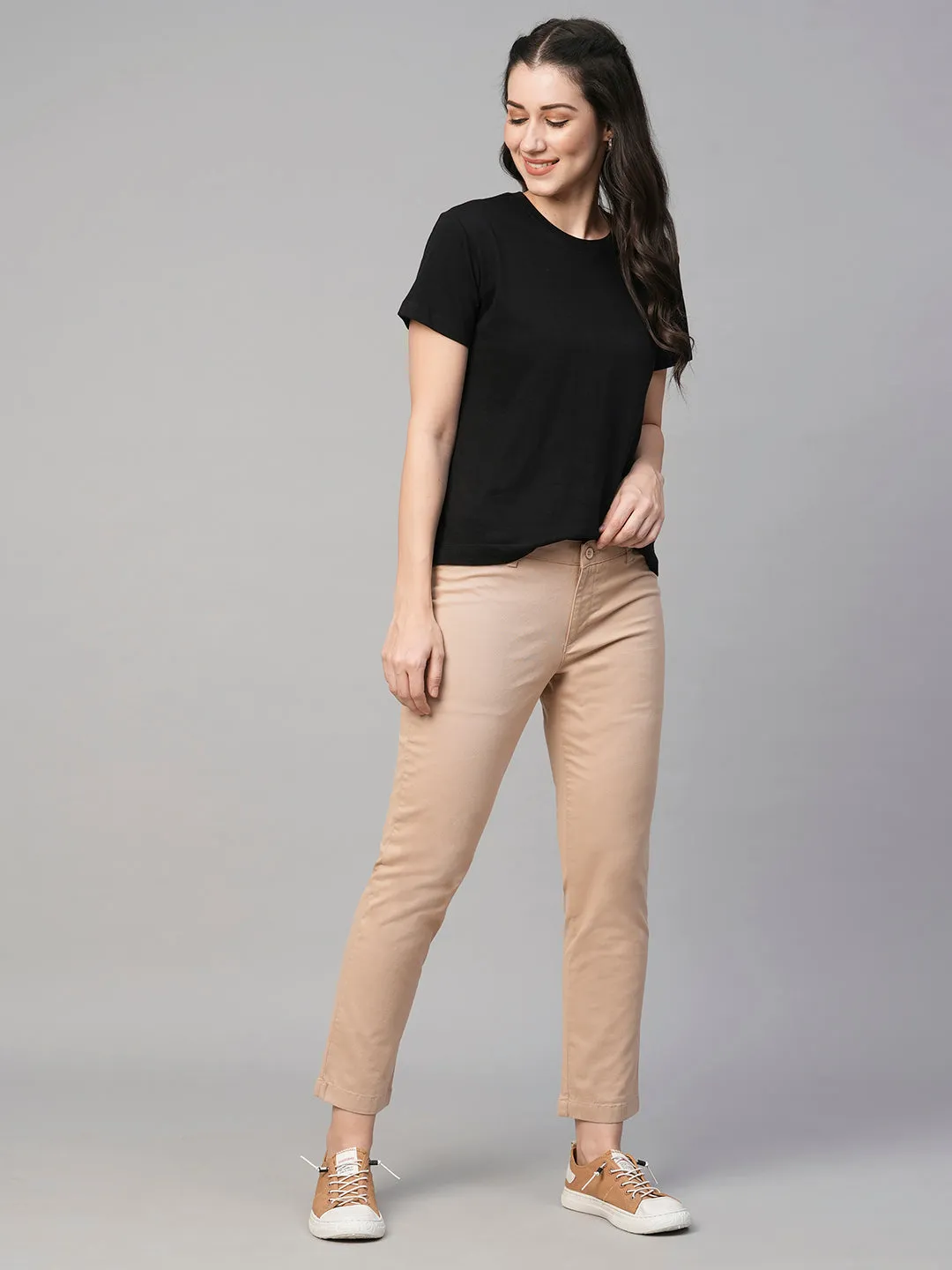 Women's Beige Cotton Lycra Regular Fit Pant