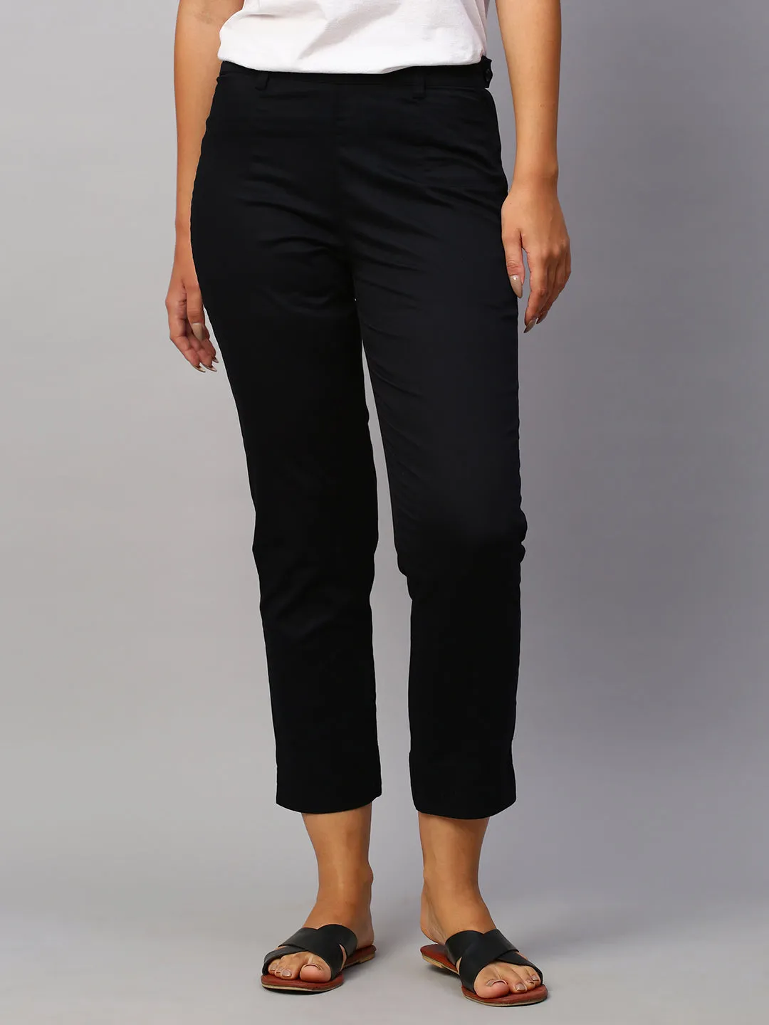 Women's Black Cotton Lycra Regular Fit Pant