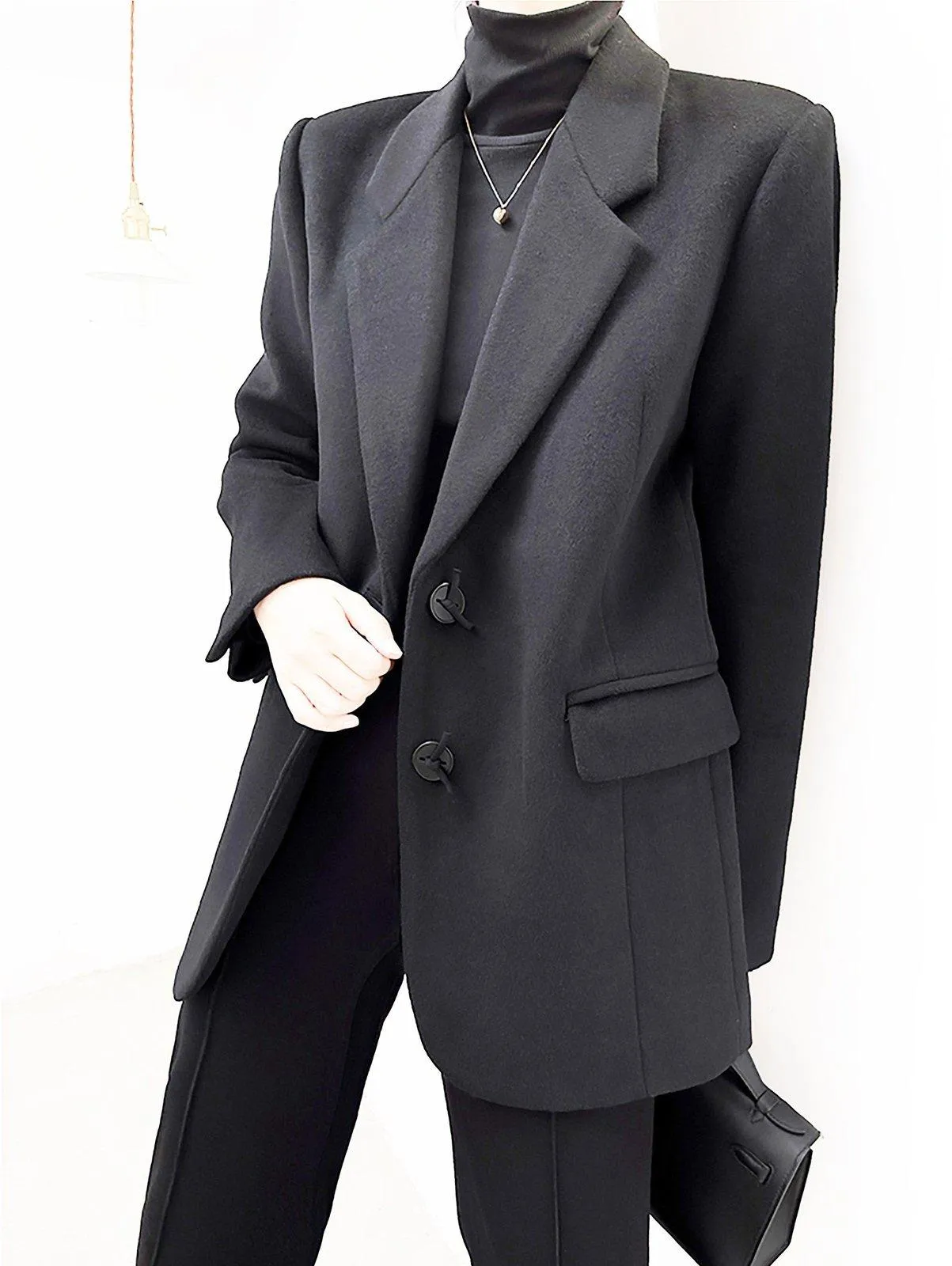 Women's Black Oversize woolen blazer,Vintage casual loose woolen suit Jacket,autumn winter wool blend coat,Fall wool coat winter overcoat