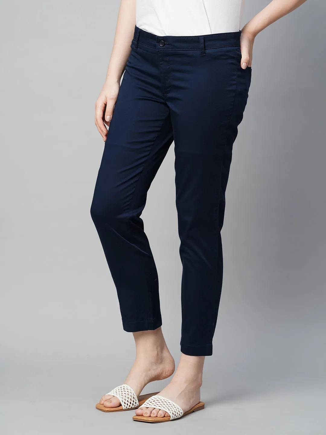 Women's Navy Cotton Elastane Regular Fit Pant