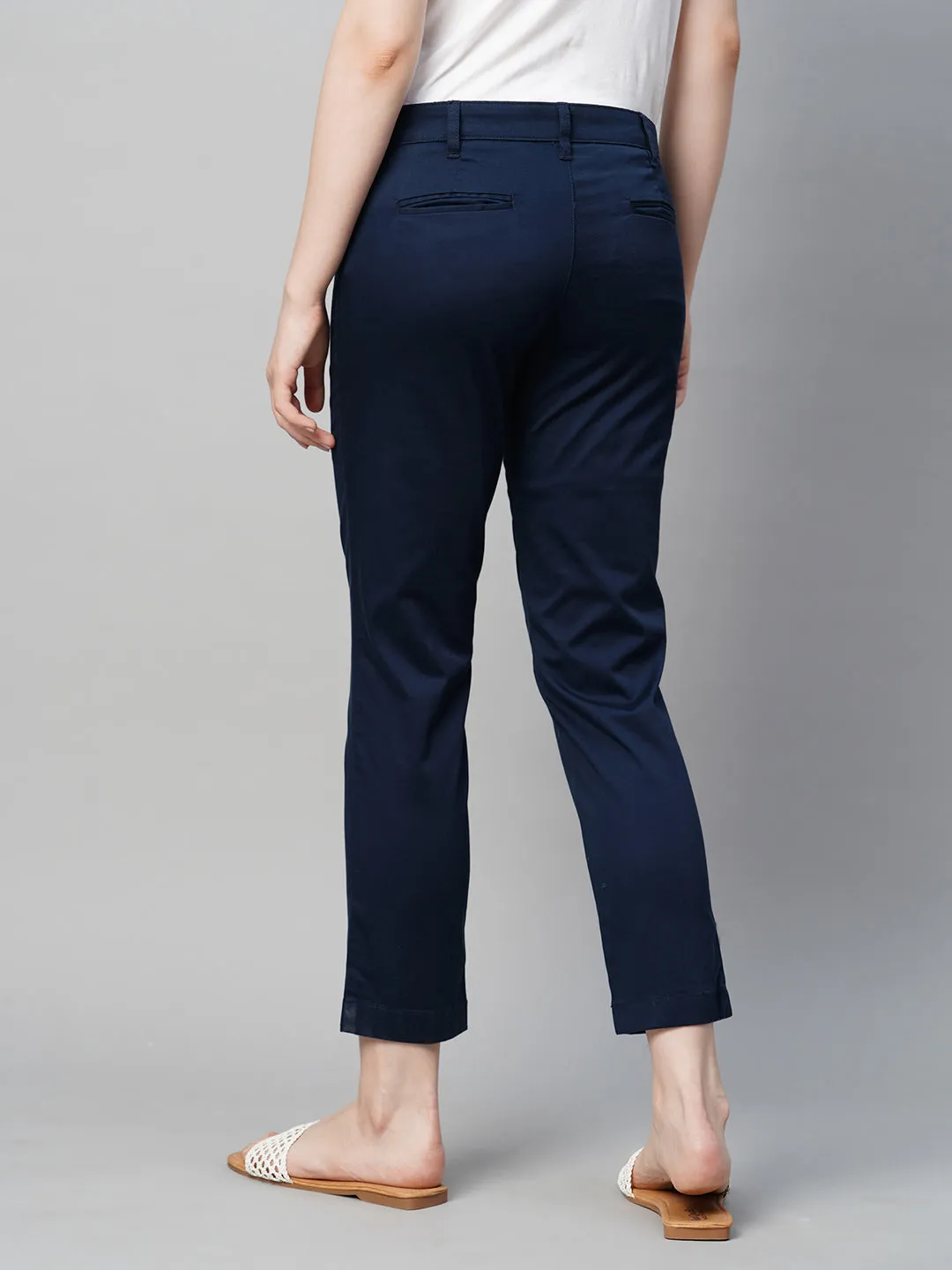 Women's Navy Cotton Elastane Regular Fit Pant