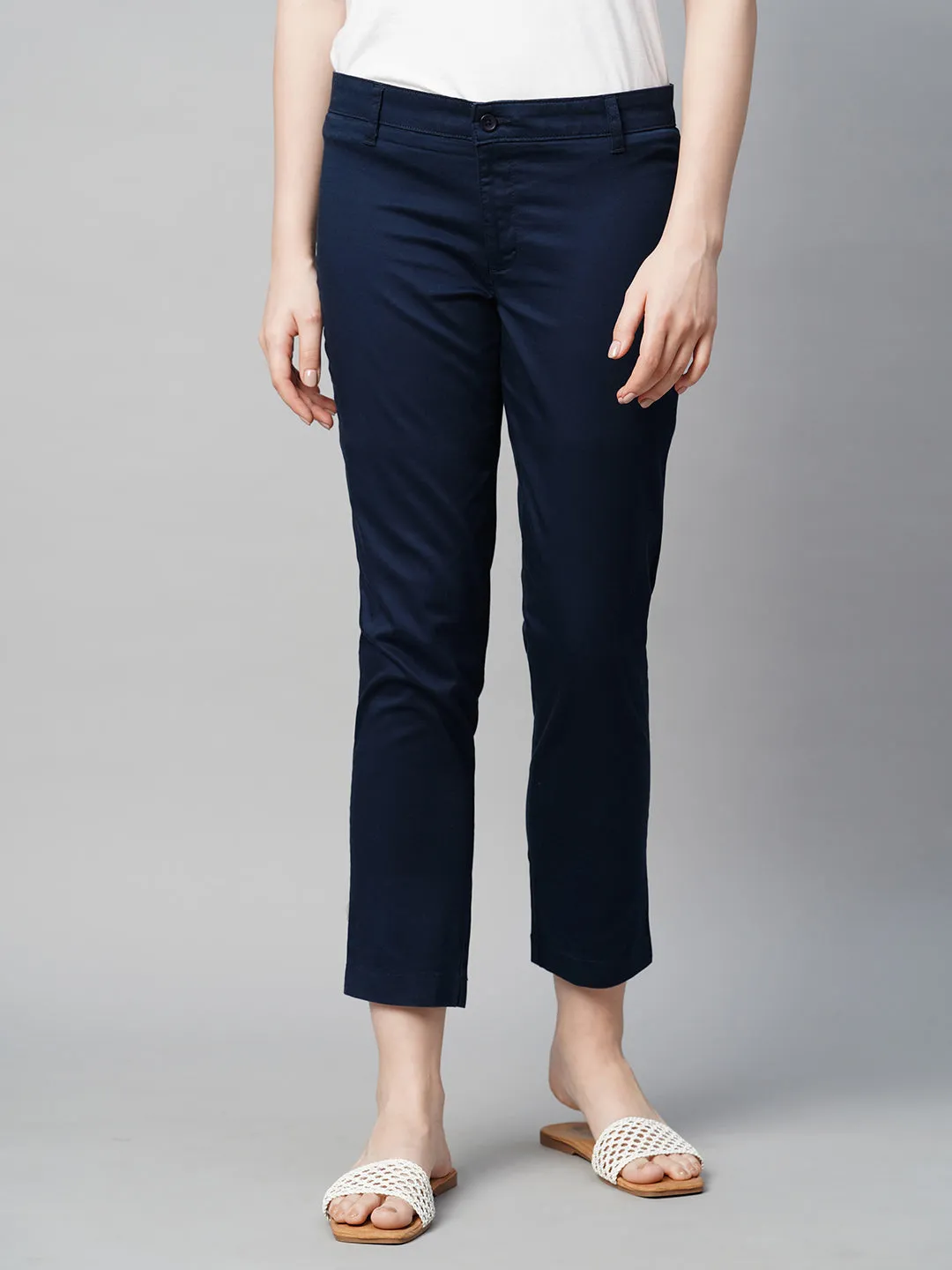 Women's Navy Cotton Elastane Regular Fit Pant