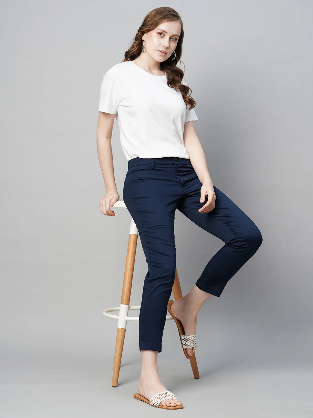 Women's Navy Cotton Elastane Regular Fit Pant