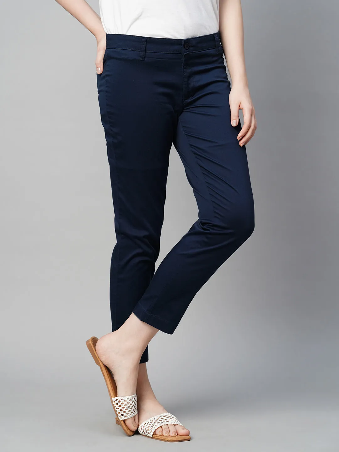 Women's Navy Cotton Elastane Regular Fit Pant