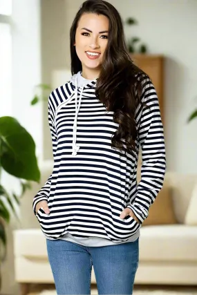 Womens Striped Hoodie Sweatshirt Black/White Sizes S/M/L/XL/2XL